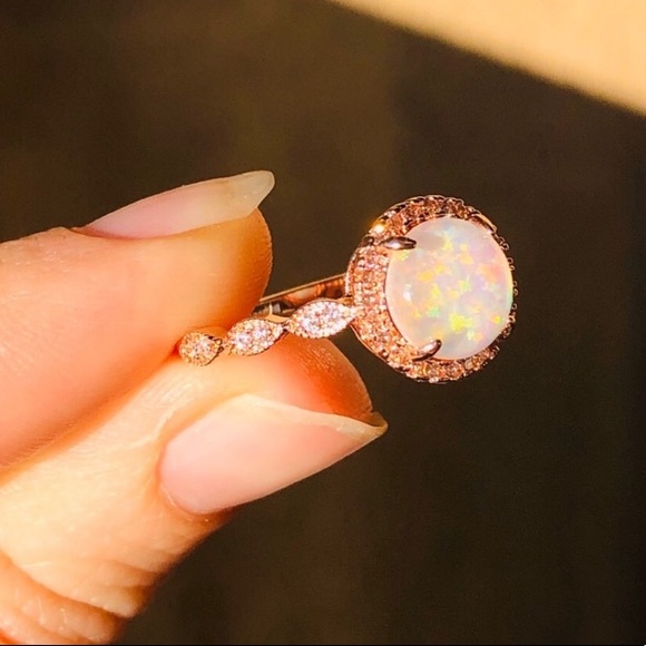 NEW ROSE GOLD ROUND OPAL DIAMOND HALO RING - Picture 4 of 6